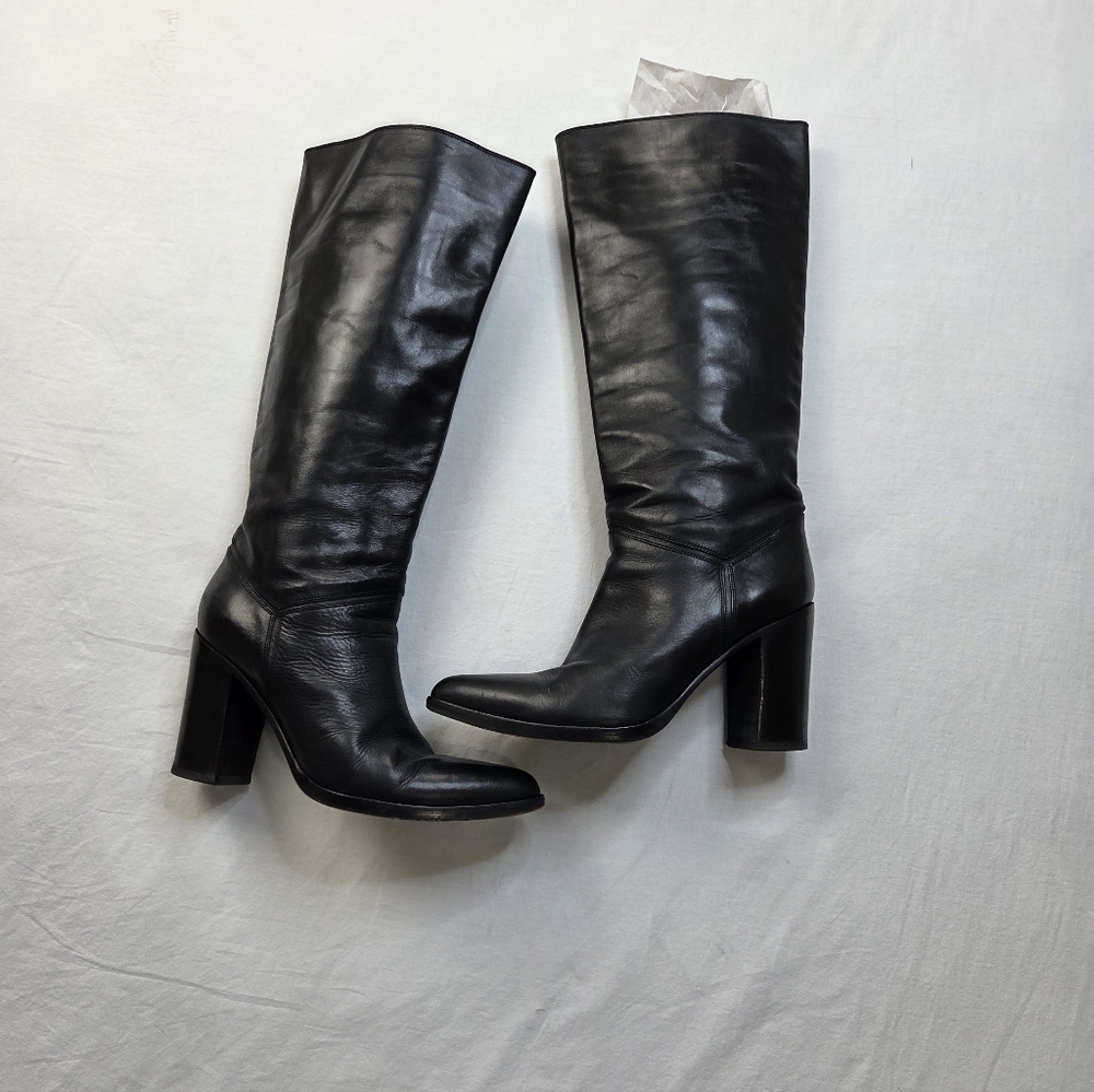 Sartore Paris Black Leather Knee High Boots Block Heel EU 39 US 8.5